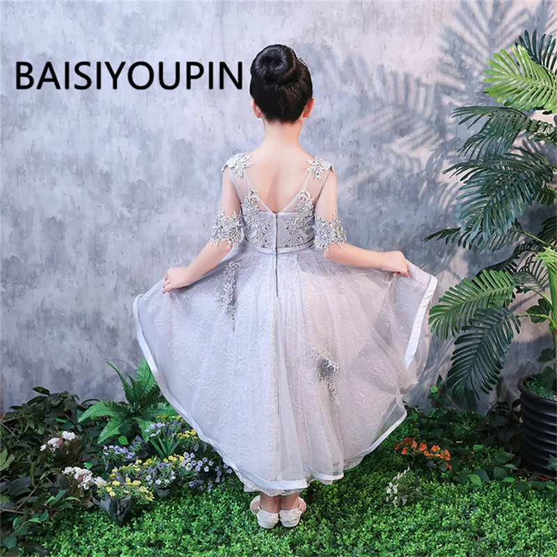 Г. Платья для девочек с круглым вырезом и цветочным узором; Robe de Soiree Hi Low короткая длина до лодыжки, рукав с аппликацией