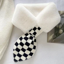 

Luna&Dolphin Korean Ins Furry Bib Women Fashion Black White Checkerboard Plaid Faux Rabbit Fur Imitation Fur Cross Plush Scarf