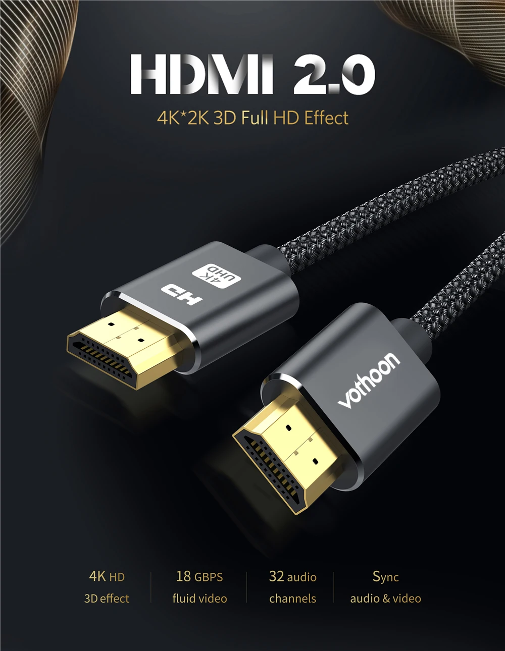 Vothoon 4K HDMI Cable HDMI to HDMI 2.0 HDR 4K 60Hz Cable for TV LCD Laptop Projector Computer PS4 TV 1m 2m 3m HDMI Cable