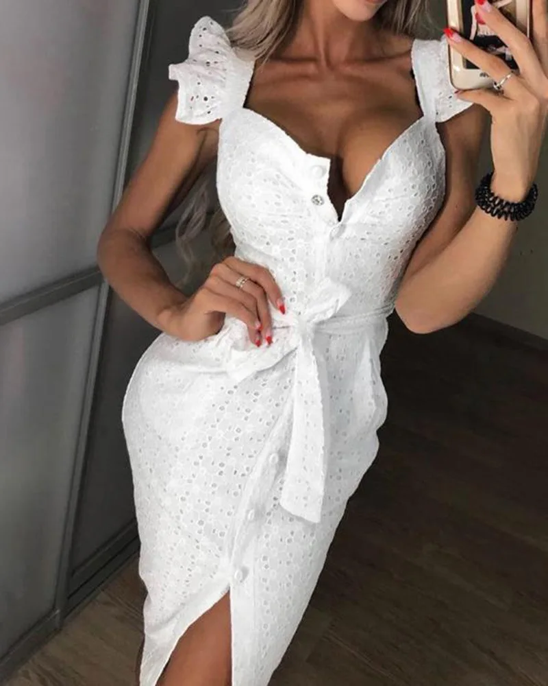 Women Beach Dress Sexy Split Strap Sheer Floral Lace Embroidered Square Neck Button Hollow Daily Summer Dresses Hip Pink | Женская