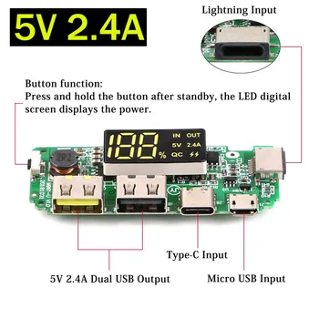 

LED Screen Dual USB Micro USB Type-C Power Display Power Bank 18650 Battery Charger Overload Short Circuit Protection Board