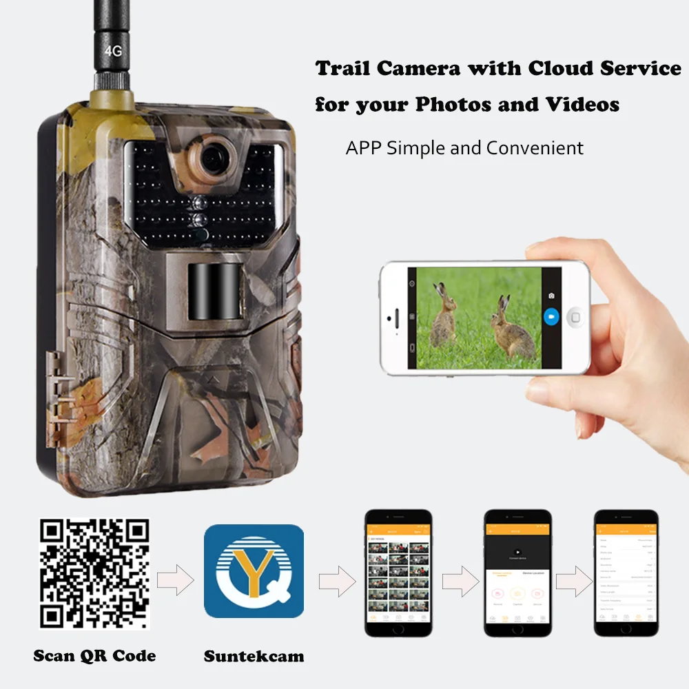 SuntekcamAPP Control Trail Camera Cloud Service 4G 30MP 2K Wireless Wildlife Hunting Cameras Night Vision Surveillance HC900Plus 3