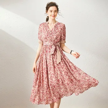 

Fashion Dress Summer Women 2020 NEW V-Neck Short Sleeved Printed Slim Lace-up Waist Bow A-Line Elegant Dress Mid-Calf Length