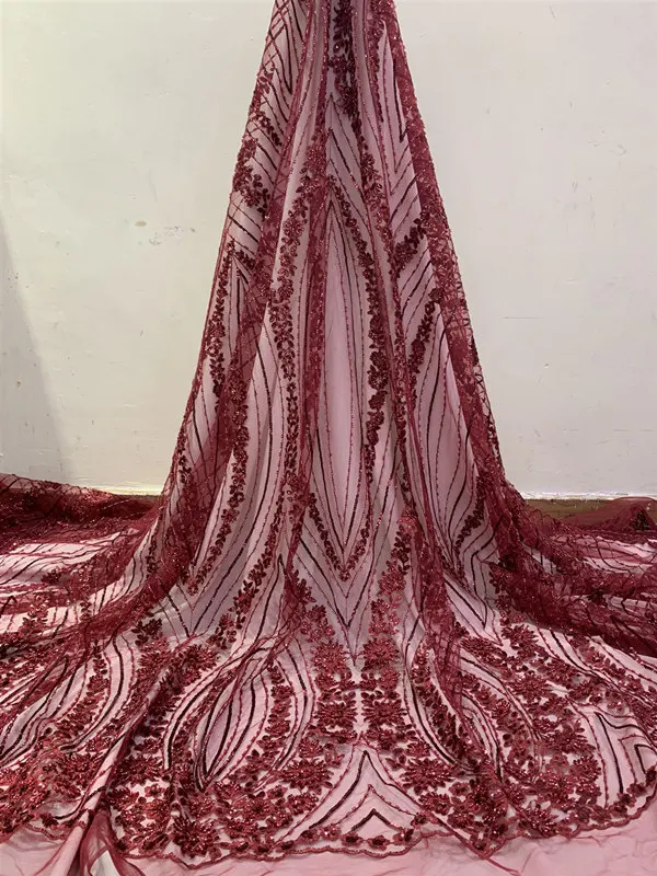 Черно-белая, африканская, с блестками кружевной ткани Высокое качество 3D цветы тюль кружева ткань с бисером для свадебное платье - Цвет: RED