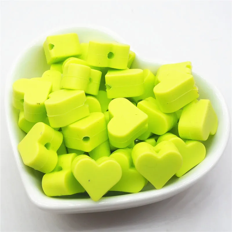 Chartreuse Chenkai, 50 шт., 15 мм, не содержит бисфенол BPA, силиконовые бусины для зубов в форме сердца, сделай сам, для детского душа, пустышка, ожерелье, ювелирная игрушка, аксессуары - Цвет: Chartreuse