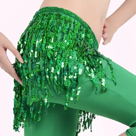 green Дамы живота Ламба Самба танцевальная юбка аксессуары-кисточки bling ремни танец живота хип шарф с блестками пояс - Цвет: green