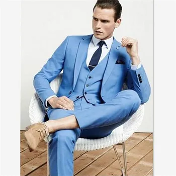 

New Light Blue Wedding men suit Tuxedo Custom Made Slim Fit Formal Men's Suits costume homme ( jacket+Pants+vest) Traje Hombre
