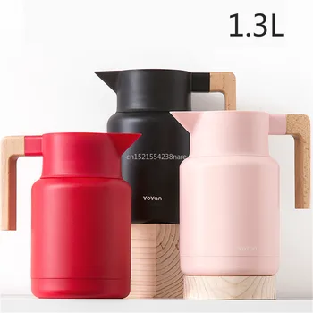 

1.3L Japanese Pink Insulation Pot with Wooden Handle 304 Stainless Steel 24-hour Insulation Portable Sealed Hot Water Bottle