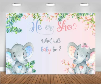 

7x5FT He or She Gender Reveal Little Elephant Baby Shower Party Custom Photo Studio Backdrop Background Vinyl 220cm X 150cm