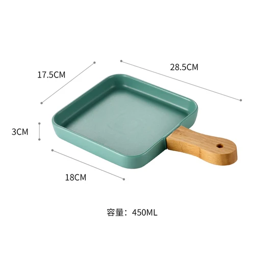 Квадратная керамическая тарелка для выпечки, домашняя с деревянной ручкой, мелкое блюдо, антиобжигающее западное блюдо для стейка, кухонные принадлежности - Цвет: green