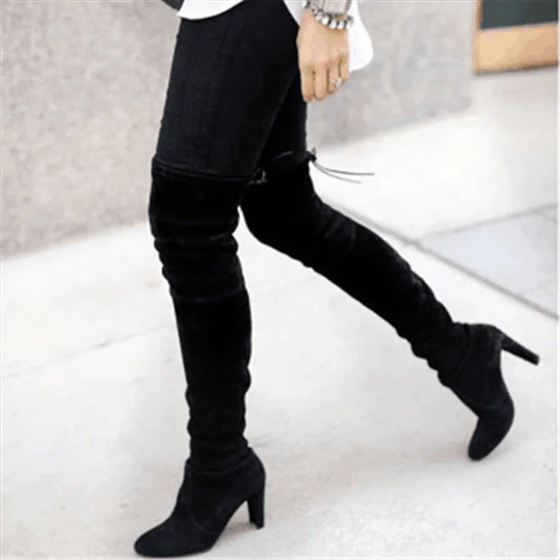 LOOZYKIT/новые женские ботфорты выше колена из флока пикантная Осенняя женская обувь на высоком каблуке со шнуровкой зимние женские сапоги Размеры 35-43