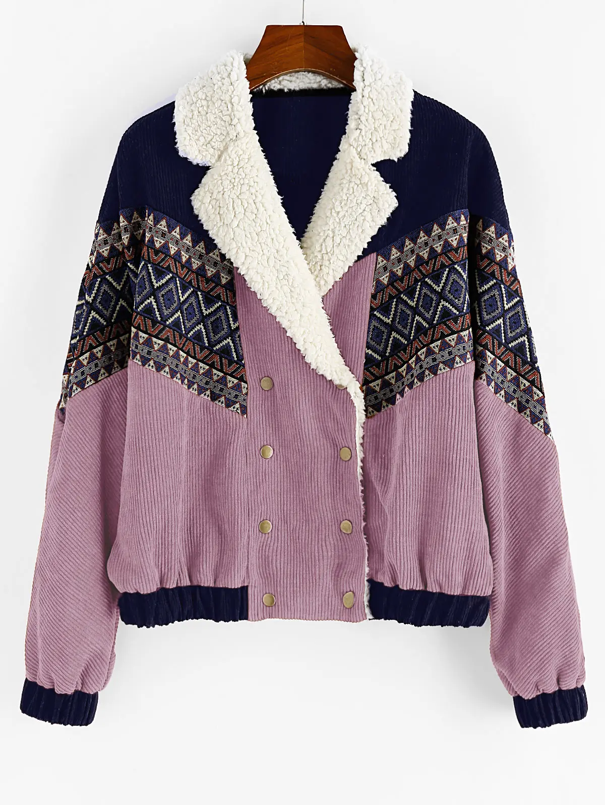 ZAFUL Осенняя Женская винтажная жаккардовая двубортная Вельветовая куртка из искусственной овчины с заниженным плечом, пальто на кнопках с отворотом - Цвет: Mauve