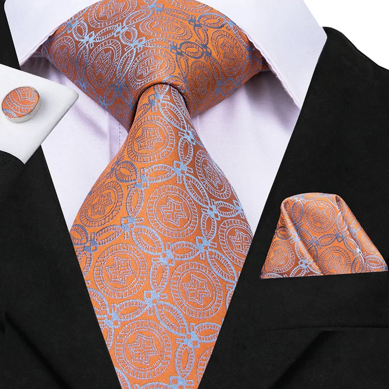 C-3083 Hi-Tie Orange Men's Tie 8.5cm Silk Ties For Men Hanky and Cufflinks Set Gold Luxury Flower Classic Party Wedding Necktie - Цвет: C-3083