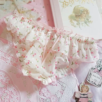 

High quality Lolita Panties Japanese soft sister can Ailuo Li girl sexy transparent chiffon cherry low-waist lace panties