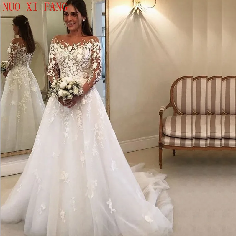 

Scoop Neck Beautiful Lace Appliques Wedding Dress 2020 Long Sleeve robe de mariee Bride Gowns Elegant A Line abito da sposa
