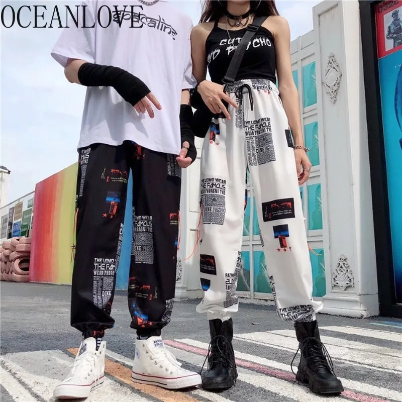 Океанlove Harajuku с цифровым принтом уличная Женская Брюки Осень тонкая высокая талия шнурок плиссированные брюки Mujer 12818