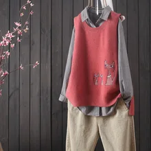 Мультяшный котенок вышивка без рукавов Свободный Повседневный пуловер с круглым вырезом жилет куртка женский осенне-зимний пуловер жилет