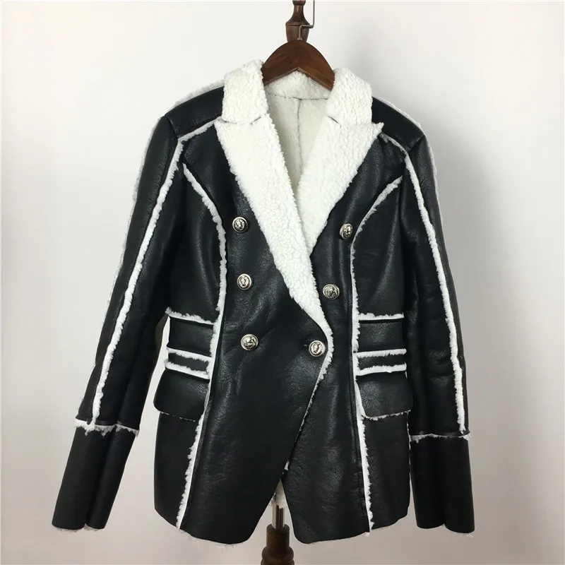 Женское пальто для подиума размера плюс, Осень-зима 2018, длинный рукав, Львенок, двубортный, с шерстяной подкладкой, искусственная кожа