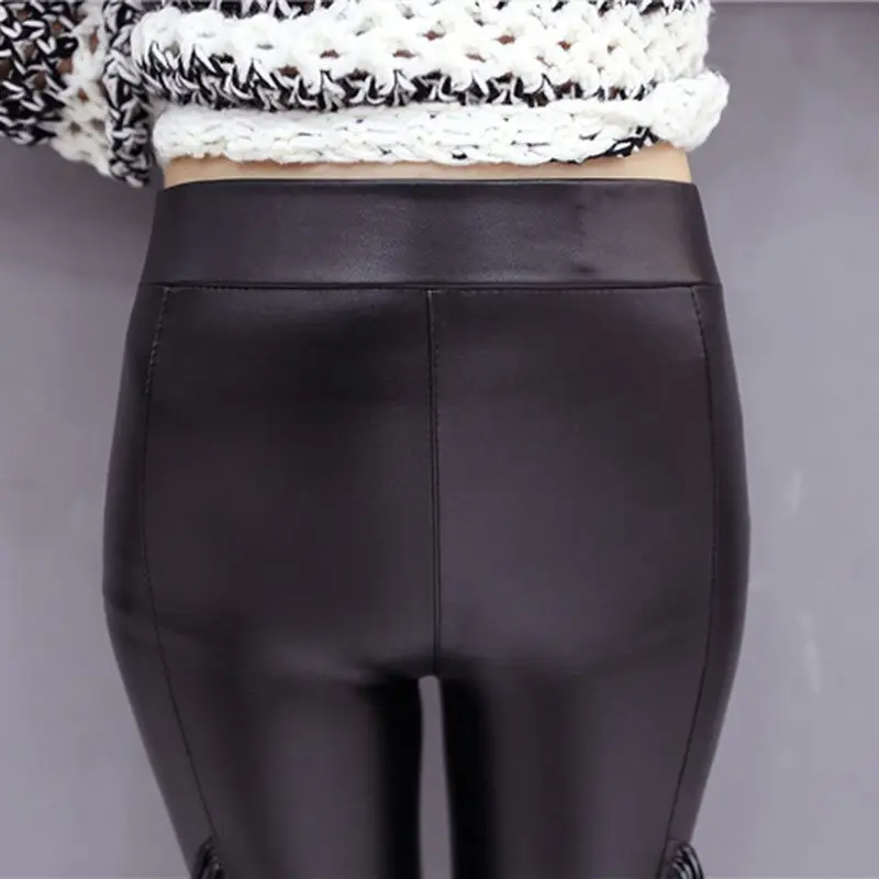 Готический кисточкой ПУ леггинсы брюки женские зимние черные уличные панк мото модные сексуальные тонкие готические девушки кожаные эластичные брюки