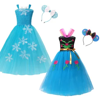 

2 4 6 8 10 12Y Girls Princess Elsa Anna Tutu Dress With Hairband Kid Off Shoulder Tulle Snow Queen Elsa Clothing Holiday Costume