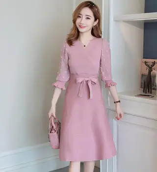 

2020 Maternity Autumn Knitted sweaters postpartum women chiffon patchwork nursing dress lantern sleeve breastfeeding sweater