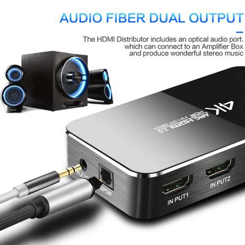HDMI сплиттер 4 входа 1 выход адаптер 4 порта кабель-разветвитель HDMI коммутатор 4K 2,0 аудио экстрактор ARC& IR управление