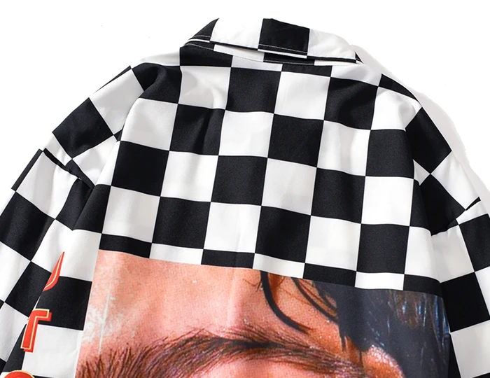 Hip Hop Harajuku Plaid Utopia Shirts Men High Street Hip Hop Harajuku Long Sleeve Shirt Couple Back Print Casual Shirt Women