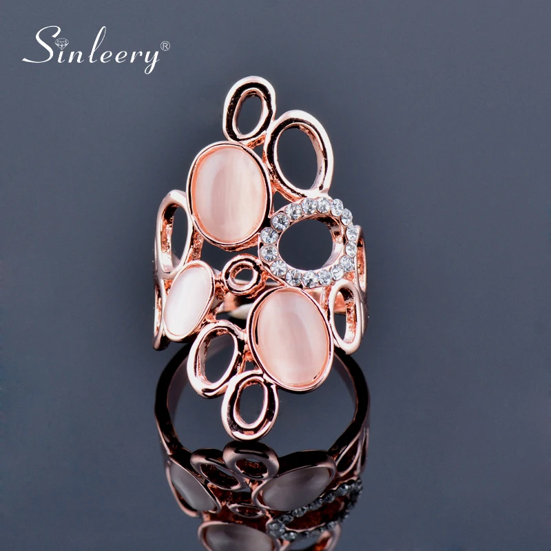 SINLEERY Fashion Big Round Opal Shuttle Hollow Rings For Women Wedding Party Jewelry