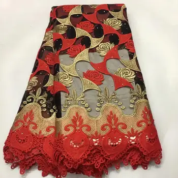 

High-end red stone lace fabric, Nigerian lace fabric, wedding in 2019, tulle lace fabric