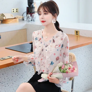 

COIGARSAM Full Sleeve blouse women New Spring Floral Print Chiffon V-Neck blusas womens tops blouses Design And Color 8830