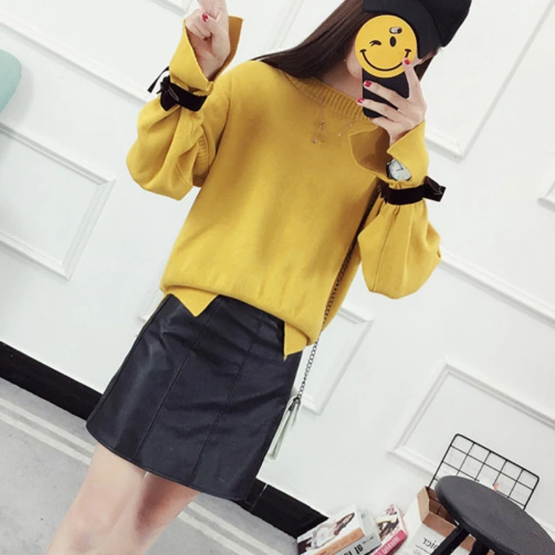 Women Sweaters Autumn Spring Knitted Sweater Women Lace Up Flare Long Sleeve Ruffle Pullover Tops Female Knit Sweaters
