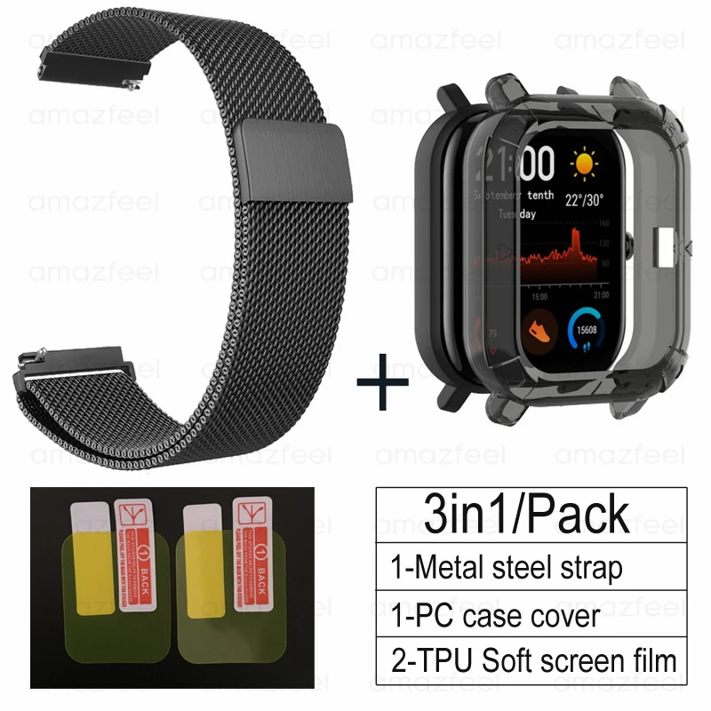 black-black 3в1 Для Amazfit GTS ремешок+ ТПУ чехол для Huami Amazfit gts Smartwatch Защитная пленка для экрана браслет ремешок на запястье - Цвет: black-black