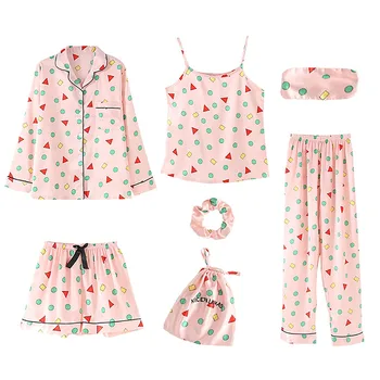 

7 Piece/set Soft Stain Sleepwear Suit pyjamas Women Polka Dot Cute Comfortable Camisole Bow Shorts Long Nightgown pijama Set