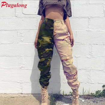

Plugalong Camouflage Cargo Pants Women High Waisted Trousers Baggy Patchwork Panelled Pencil Pants Streetwear Pockets Joggers