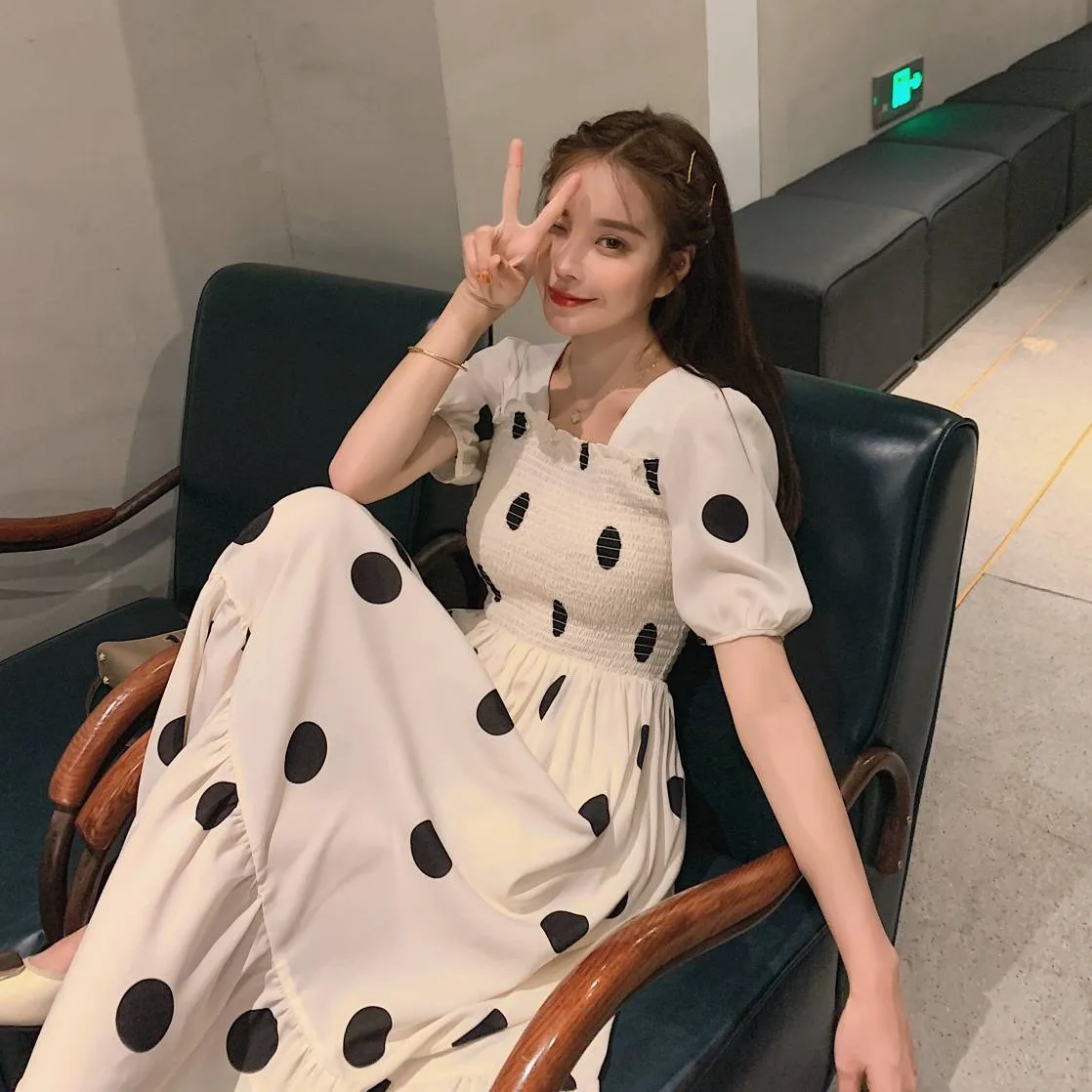 

Photo Shoot Non-mainstream French Palace Style Sweet Polka Dot Backless Lace-up Square Collar Elastic Corset Flounced Dress Wome