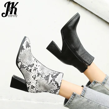 

JK Snake Skin Pu Boots Women High Heels Ankle Booties Ladies Zip Shoes Female Emboss Pointed Toe Shoes Female Shoes Winter 2020