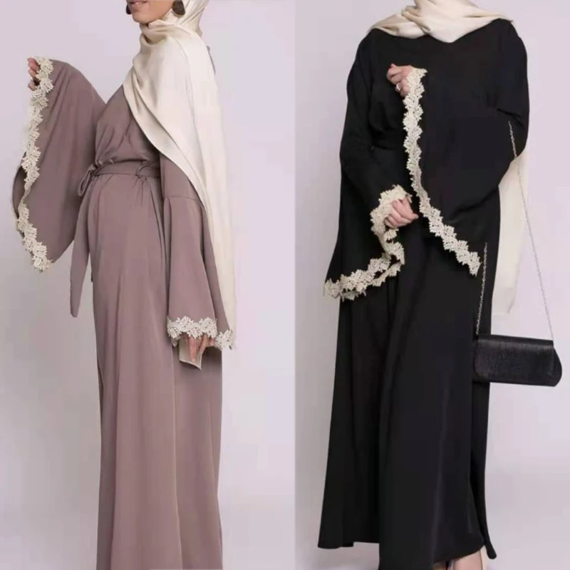 Ramadan Muslim Gold Lace Patchwork Dresses Abayas Dubai Casual Kaftan Robe Ethnic Costumes with Long Sleeve for Womens