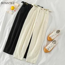 Женские джинсы с высокой талией, корейский стиль, Harajuku, деним, регулируемая пуговица, подходят ко всему, одноцветные, подходят ко всему, женские брюки до щиколотки, для девушек