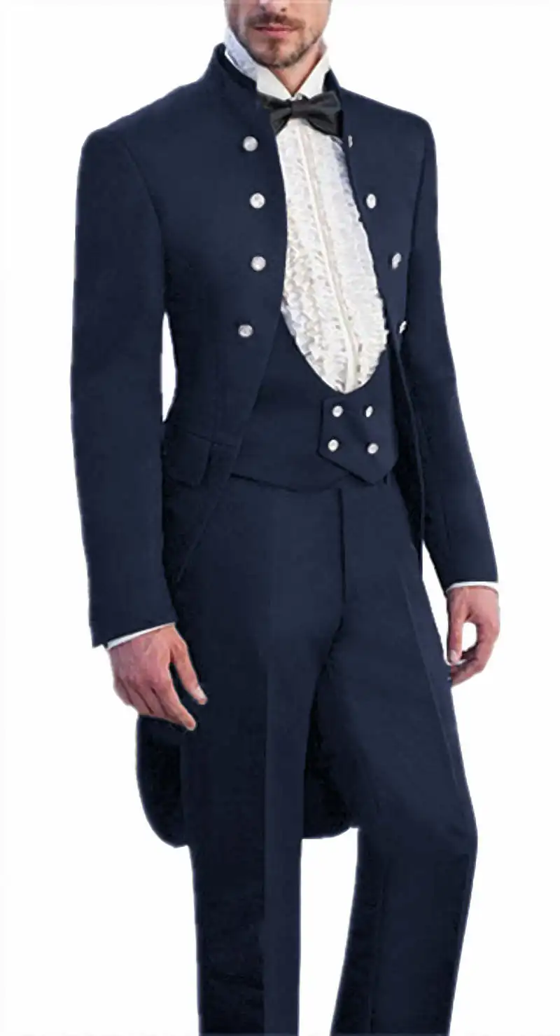 Новое поступление, мужской фрак со стоячим воротником, костюмы для свадьбы, для жениха, двубортный, для банкета, вечерние костюмы, одежда для работы - Цвет: Navy Blue
