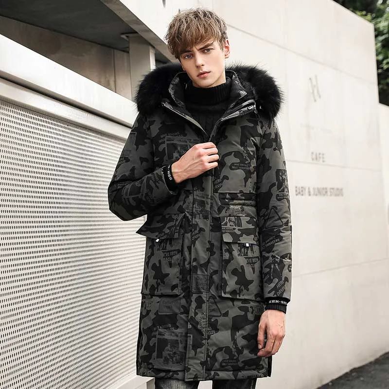 Brand High Quality White Down Coat Men's Winter Jacket Thick Warm Overcoat Goose Feather Fur Hooded Men Polyester Snow Parkas - Color: Camouflage A
