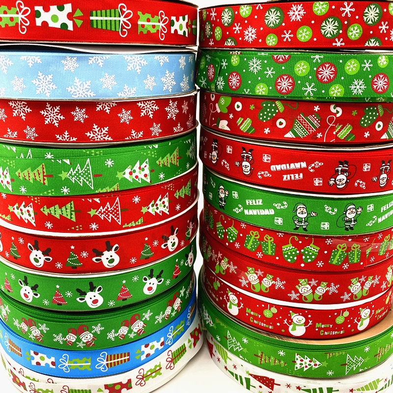 25mm Christmas Ribbon Printed Grosgrain for Gift Wrapping Wedding Decoration Hair Bows DIY, 5 yards/lot