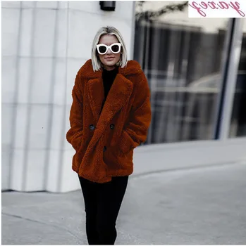 

Winter lamb wool jacket women faux fur coat Casual pink black button fur jacket overcoat long sleeve oversized outerwear 2019