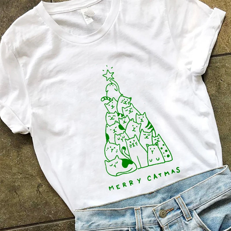 Веселый Кот, Забавный принт, Рождественская елка, женская футболка, графические футболки, женские новогодние майки, Мультяшные кошки, эстетическая футболка, топы