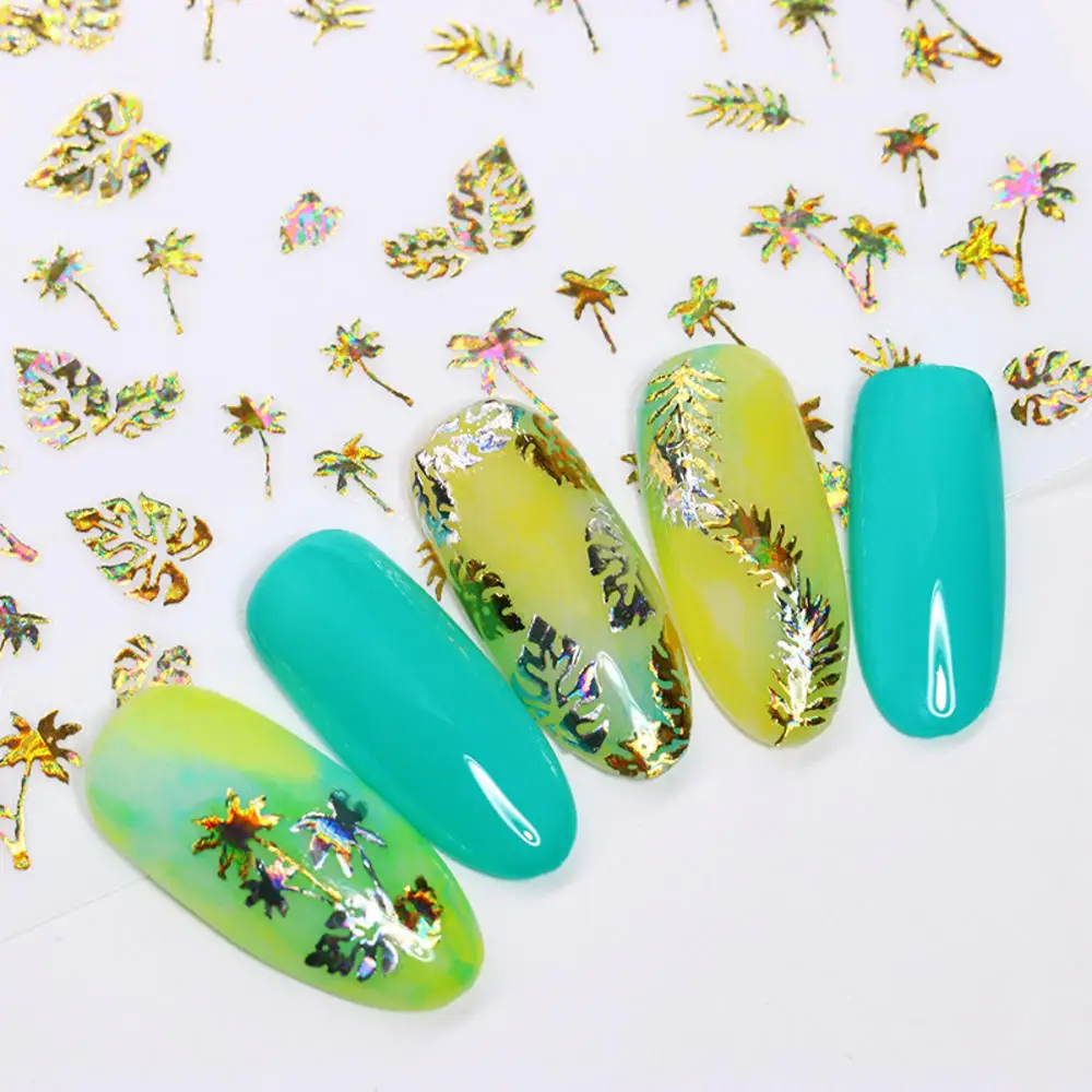 

1 Sheet Holographics 3D Nail Sticker Gold Coconut Tree Leaf Pattern Nail Art Adhesive Transfer Sticker Shiny DIY Nail Decoration