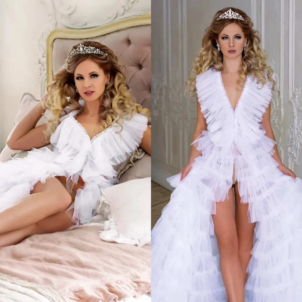 Tulle Transparent Summer Sexy Women's Ladies Bride Robes Tiered Ruffles Night Gowns Bath Robe Custom Made