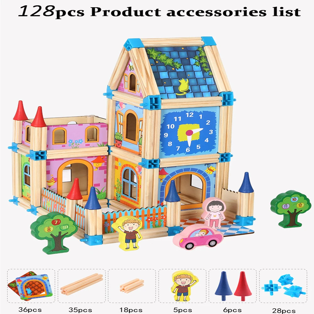 128PCS DIY миниатюрный дом с кукольным деревянным домом 128 шт/268 шт игрушки Кукольный дом для детей Подарки для праздников - Цвет: 128PCS