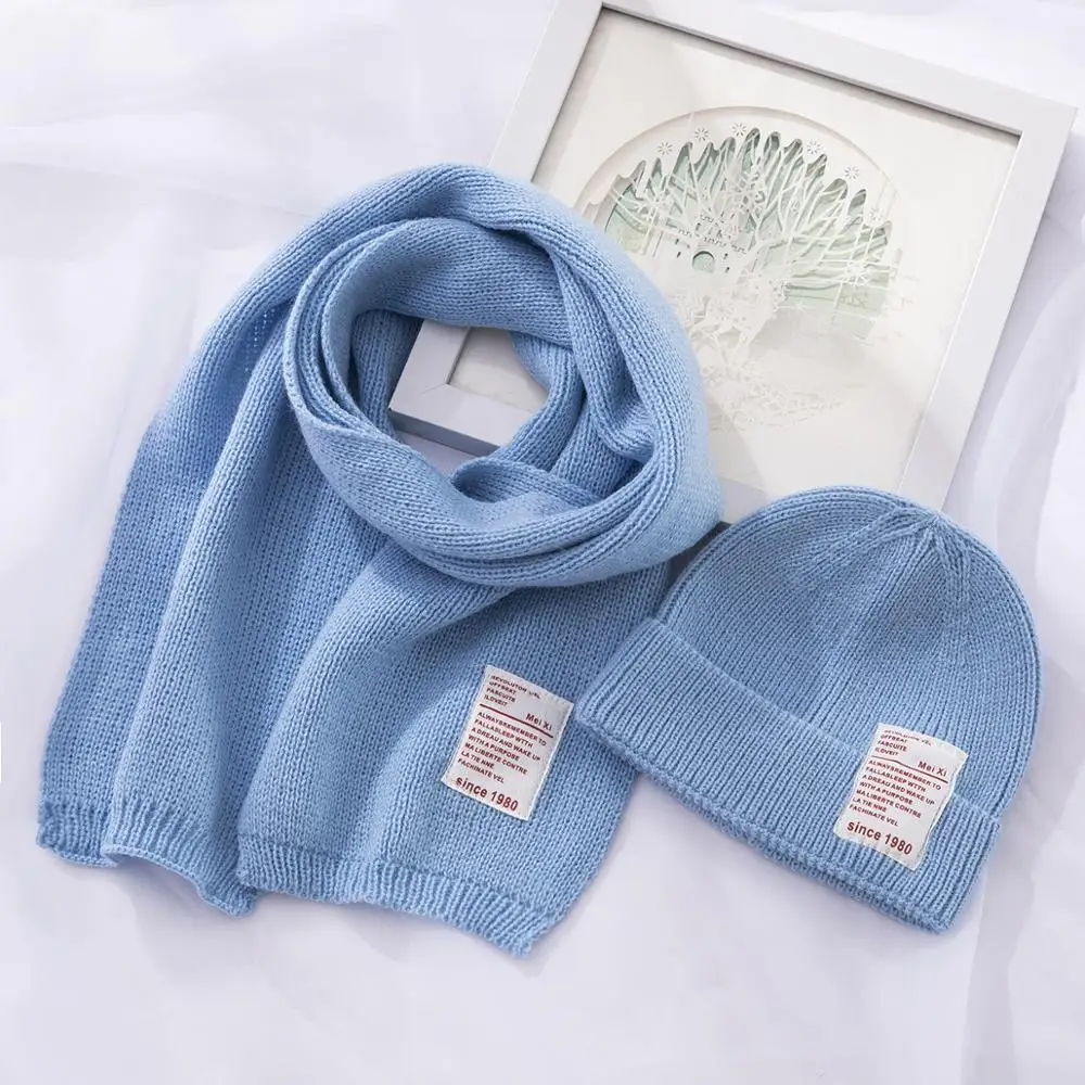 light blue Осень-зима, вязаный шерстяной детский шарф, шапка, комплект, толстый теплый детский шарф для девочки, шапка для мальчика - Цвет: light blue
