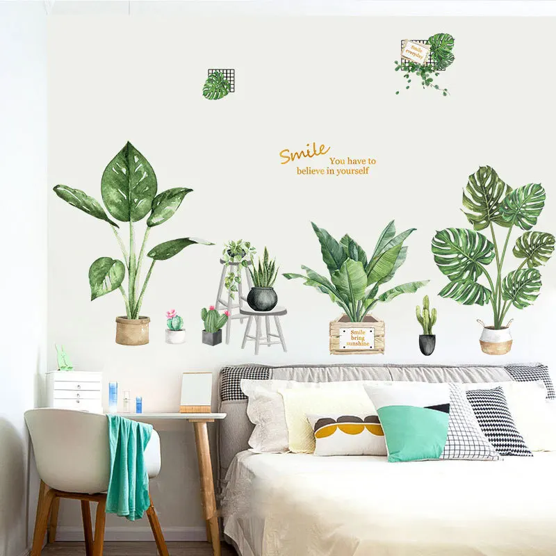 Creative Big Green Leaf Wall Stickers Potted Fresh Plants Home Decor For Bedroom Europe Room Decor Smile Wallpaper Wall Stickers Aliexpress