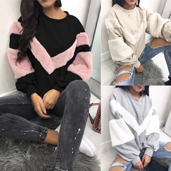

New Fashion Autumn Winter Women Clothes Plush Long Sleeve Patchwork Pullover Tops Hoodies Round Neck Sweatshirt Jumper Coat