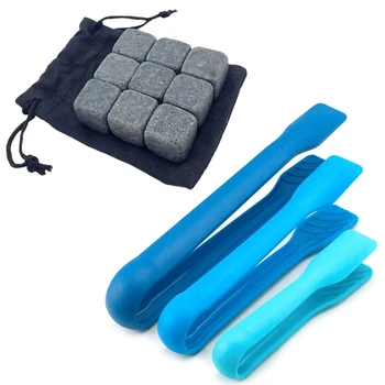 

1 Set Of 3 Tone Small Plastic Cooking Tongs & 9 Pcs Stones Whiskey High Quality Cooler Cubes Roches